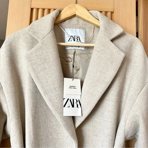 Zara wool blend belted wrap coat cream - Picture 8 of 13